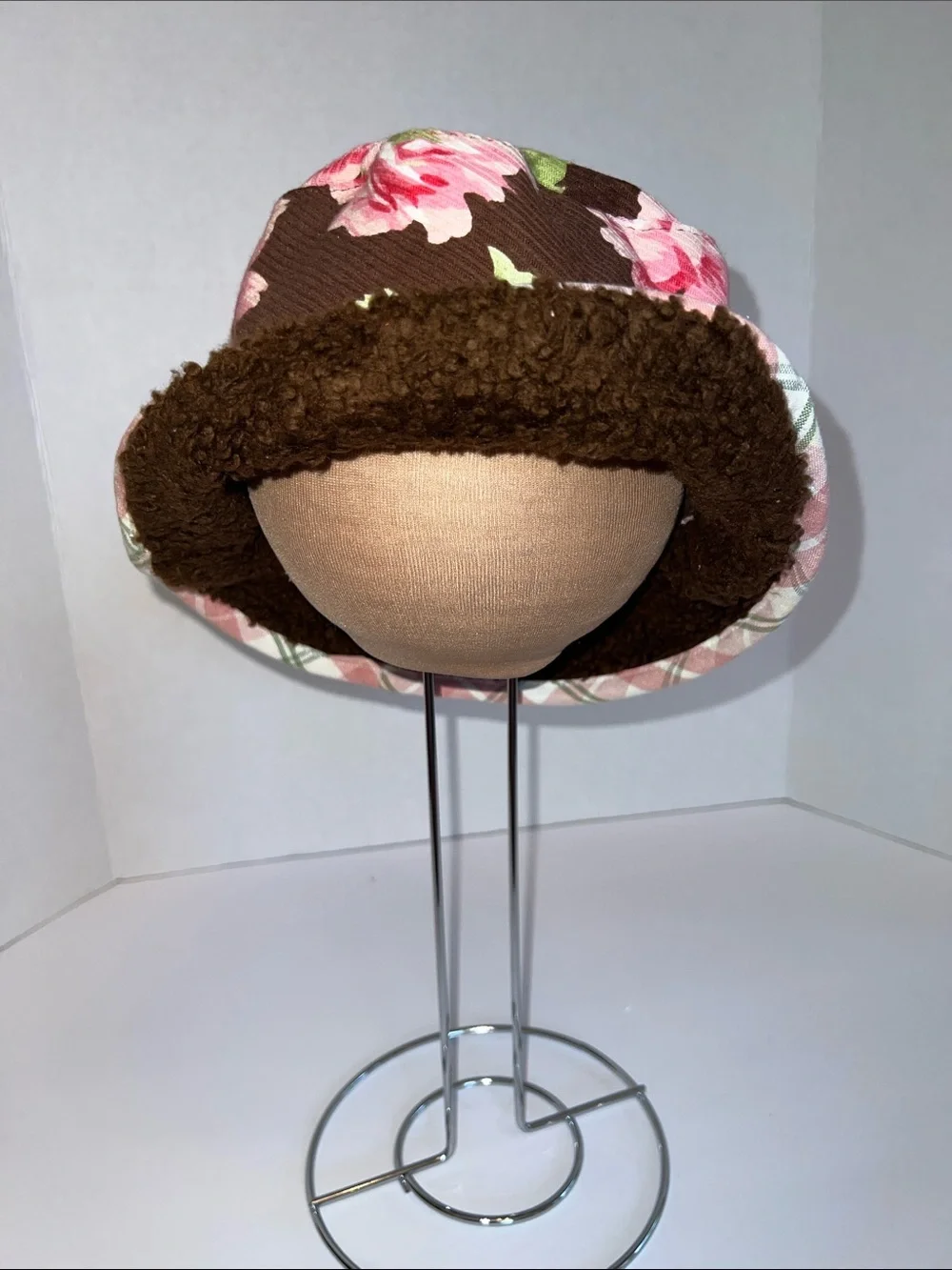 Pink Kids Floral Brown Bucket Hat with Brown Fleece Lining​